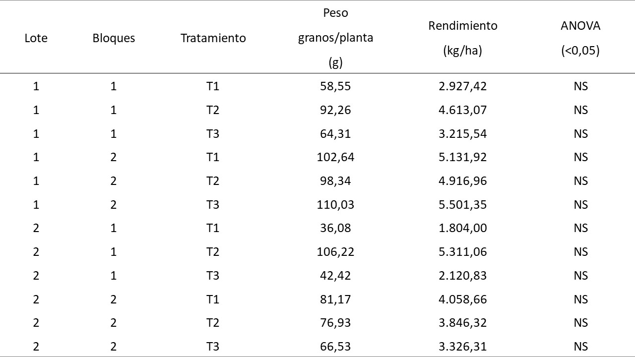 Tabla 3. ANOVA de promedio del peso de los granos/mazorca/planta y el rendimiento.